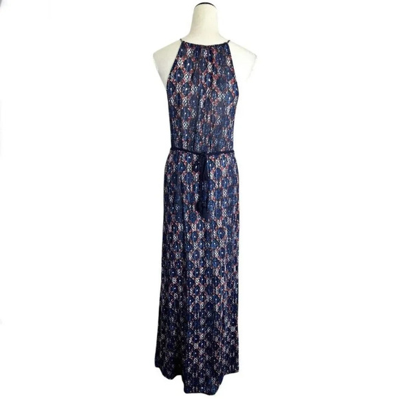 Lucky Brand Blue Maxi Dress Small Front Slits High Neck Boho Western Tie Waist - Picture 4 of 12